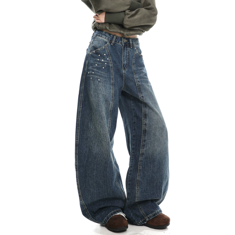 Rivet applique irregular pocket wide leg | Baggy Low Rise Jeans