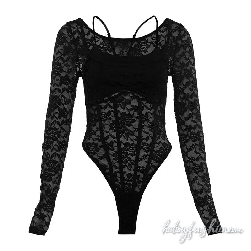 Long sleeve lace u neck hollow out bodysuit