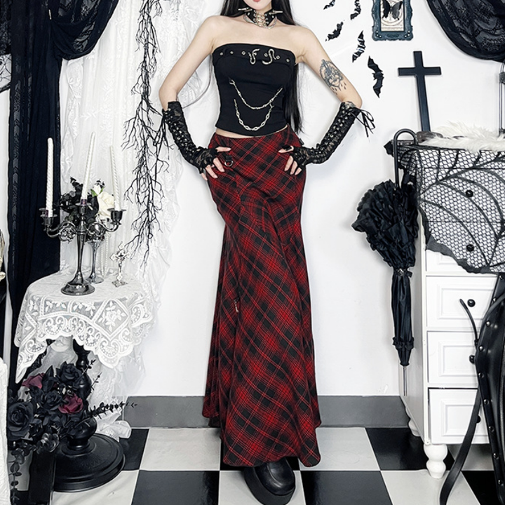 Plaid irregular buckle contrast maxi skirt  | Festival Outfits Women