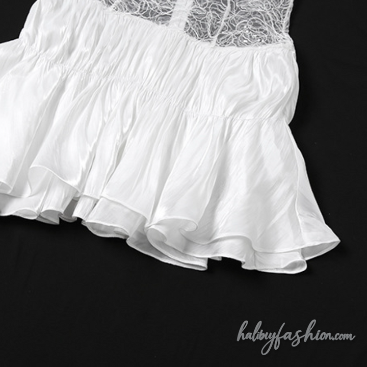 One shoulder lace ruched zip-up irregular mini dress