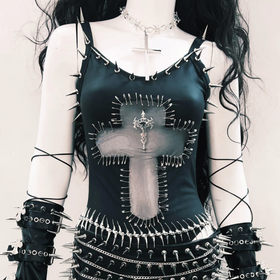 Mesh u neck rivet applique cami bodysuit  | Festival Outfits Women