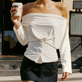 Off shoulder long sleeve ruched button top  | Festival Outfits Women