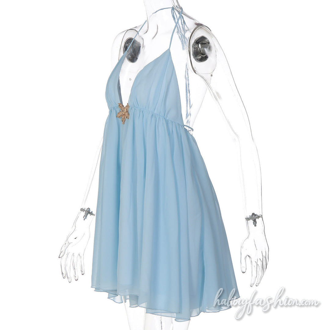 Halter self tie v neck ruched chiffon mini dress