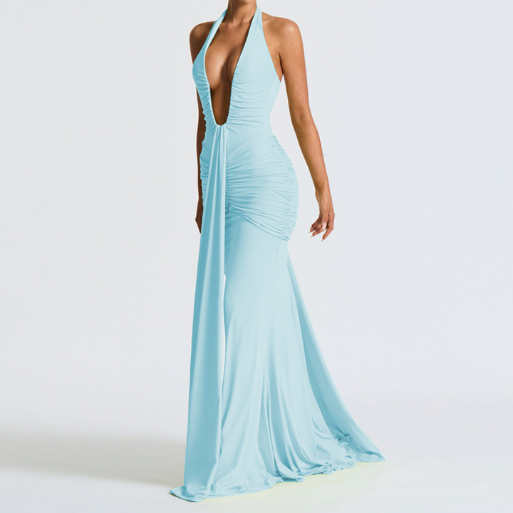 Deep v neck ruched backless maxi dress  | Festival Outfits Women