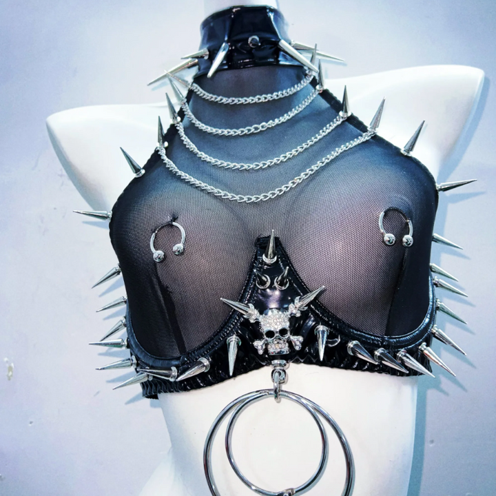 Halter metal chain see through rivet applique mini skirt set