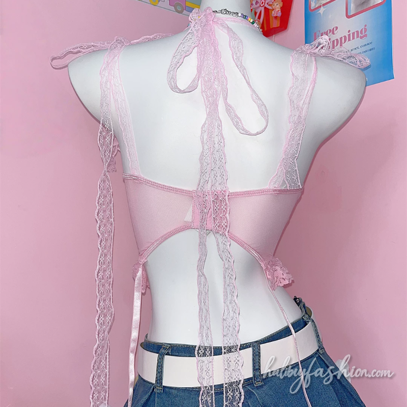 Bowknot beaded lace self tie cami top