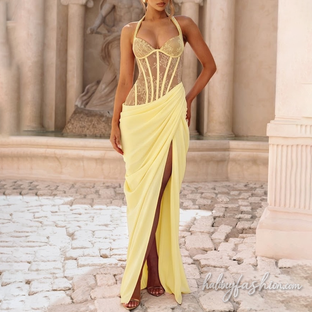 Self tie halter lace ruched irregular slit maxi dress - Halibuy - 15