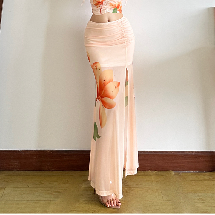 Slit ruched flower print mesh maxi skirt  | Festival Outfits Women
