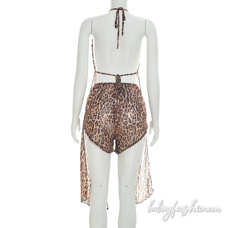 Leopard print self tie halter slit backless pant set