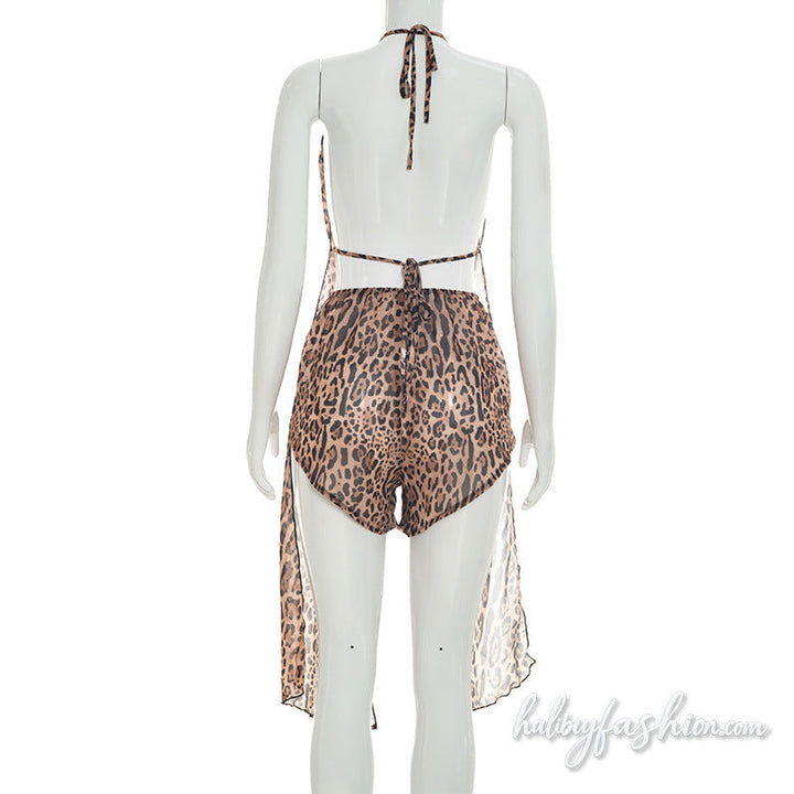 Leopard print self tie halter slit backless pant set