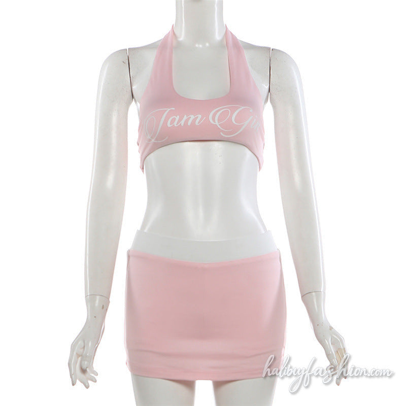 Halter u neck letter pattern backless mini skirt set