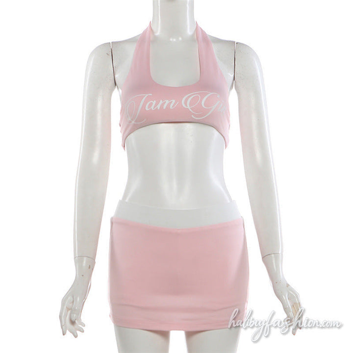 Halter u neck letter pattern backless mini skirt set
