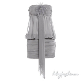 Mesh ruched feather applique self tie mini dress