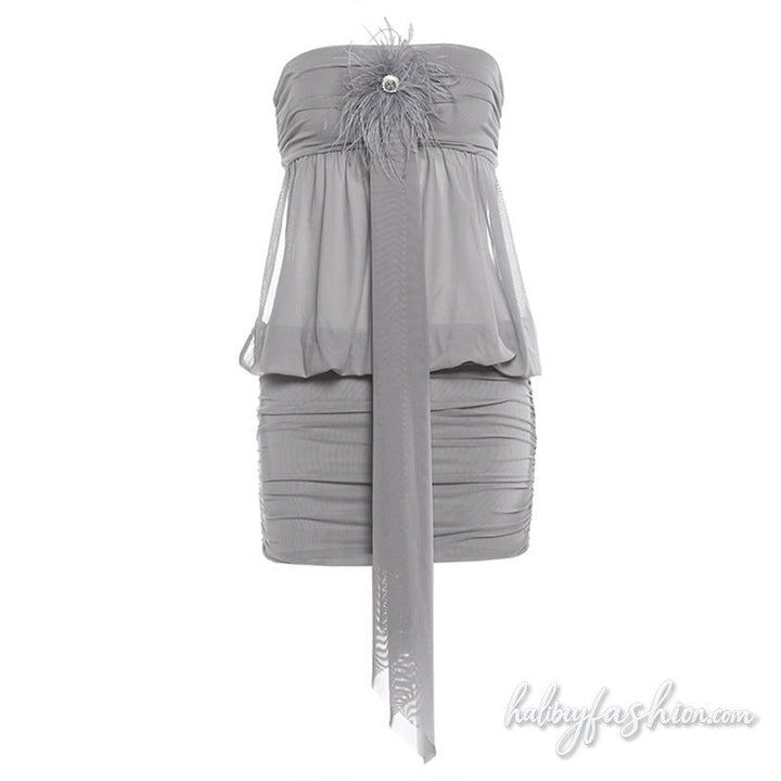 Mesh ruched feather applique self tie mini dress