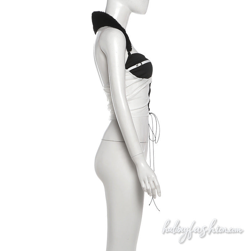 Halter fluffy mesh lace up hollow out top