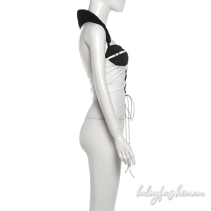 Halter fluffy mesh lace up hollow out top