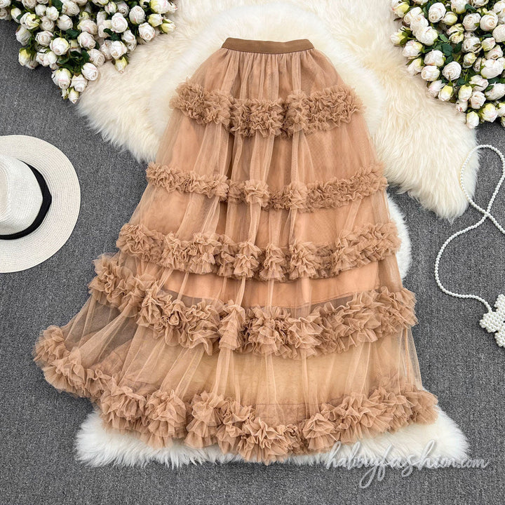 Ruffle mesh ruched maxi skirt