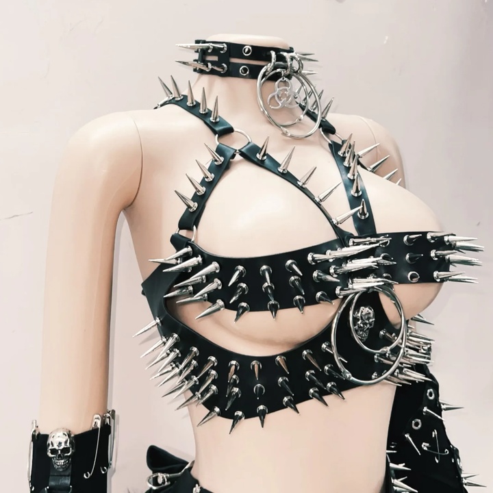 PU leather rivet applique hollow out o ring cut out top  | Festival Outfits Women-final-sale