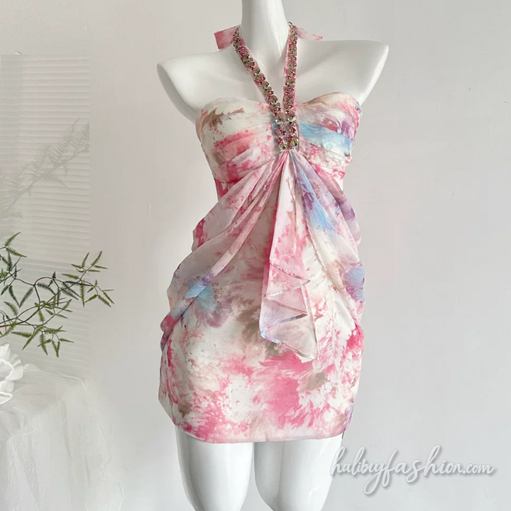 Halter self tie ruched print zip-up backless mini dress - Halibuy