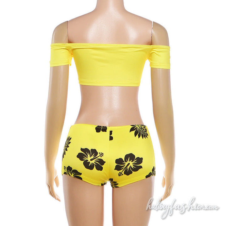 Off shoulder ruched flower print low cut pant set