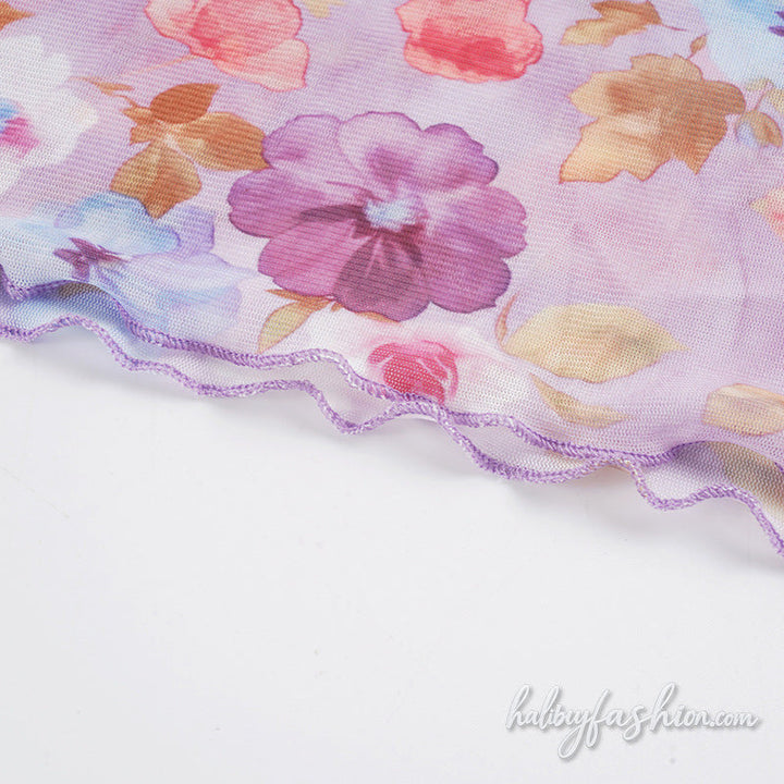 Lace hem v neck flower print mesh cami top