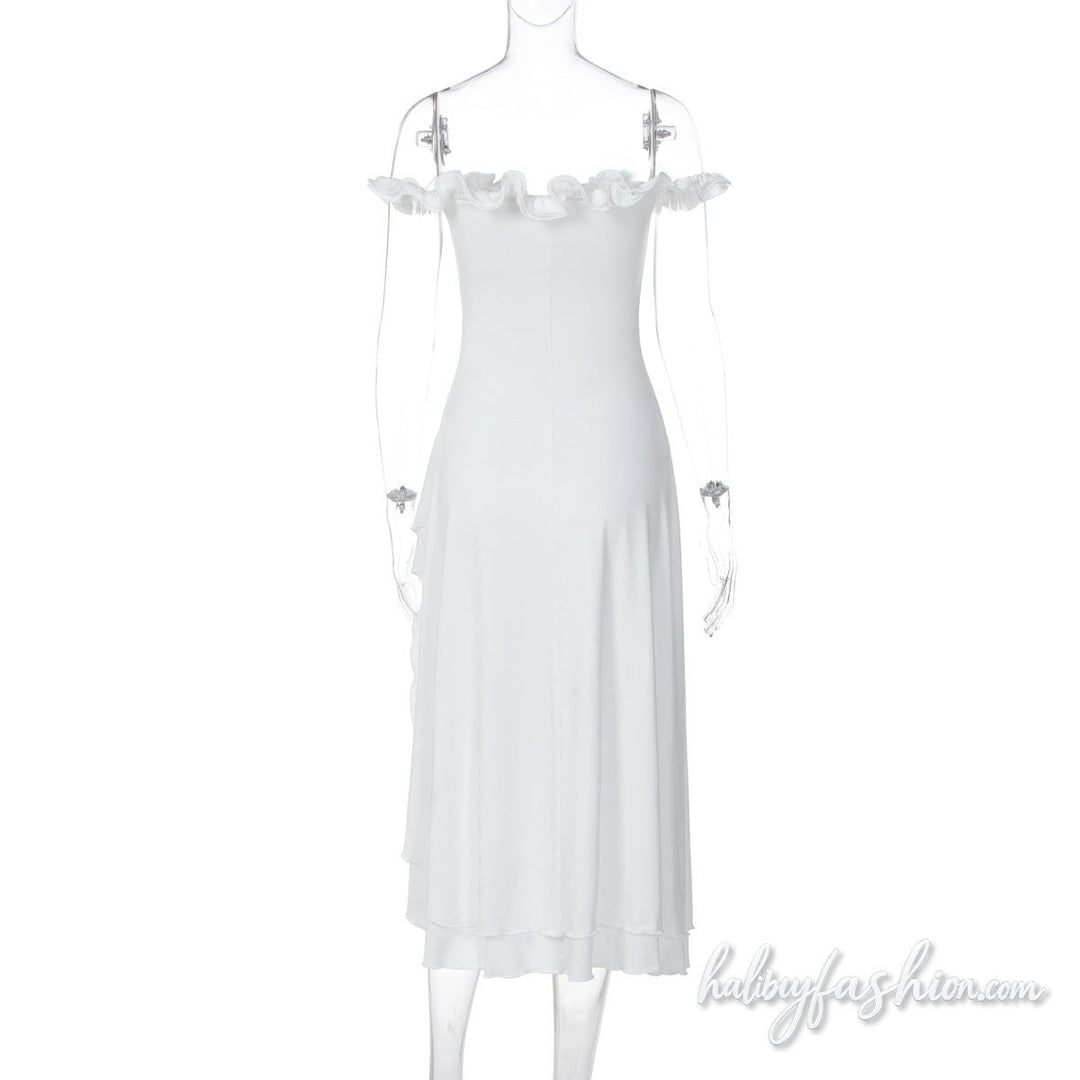 Off shoulder ruffle slit irregular hollow out midi dress - Halibuy - 4
