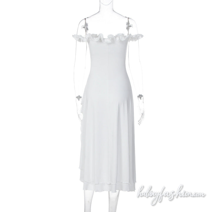 Off shoulder ruffle slit irregular hollow out midi dress - Halibuy - 4