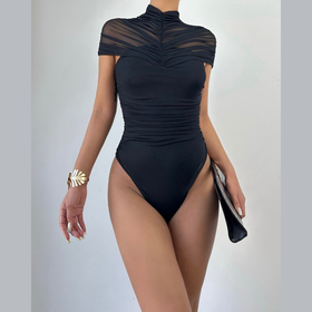 Crewneck ruched button solid bodysuit  | Festival Outfits Women