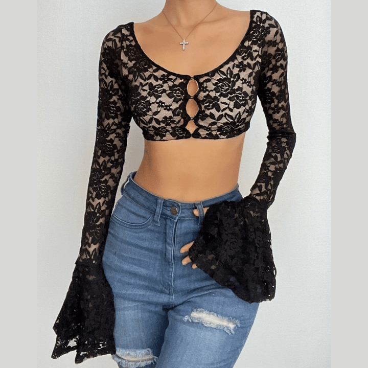 Long flared sleeve lace u neck button backless crop top  | Festival Outfits Women
