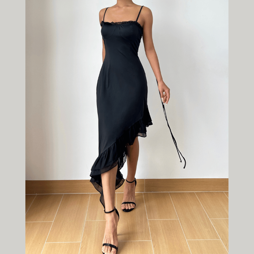 Irregular ruffle self tie solid cami midi dress  | Festival Outfits Women-final-sale