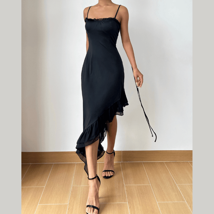 Irregular ruffle self tie solid cami midi dress  | Festival Outfits Women-final-sale