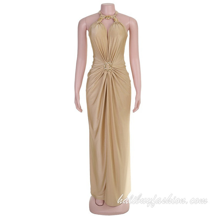 Halter solid satin high slit ruched maxi dress - Halibuy - 11