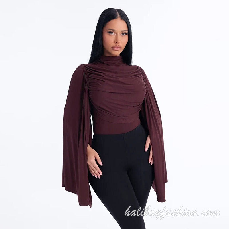 Turtle neck long flared sleeve ruched solid knit bodysuit - Halibuy - 11