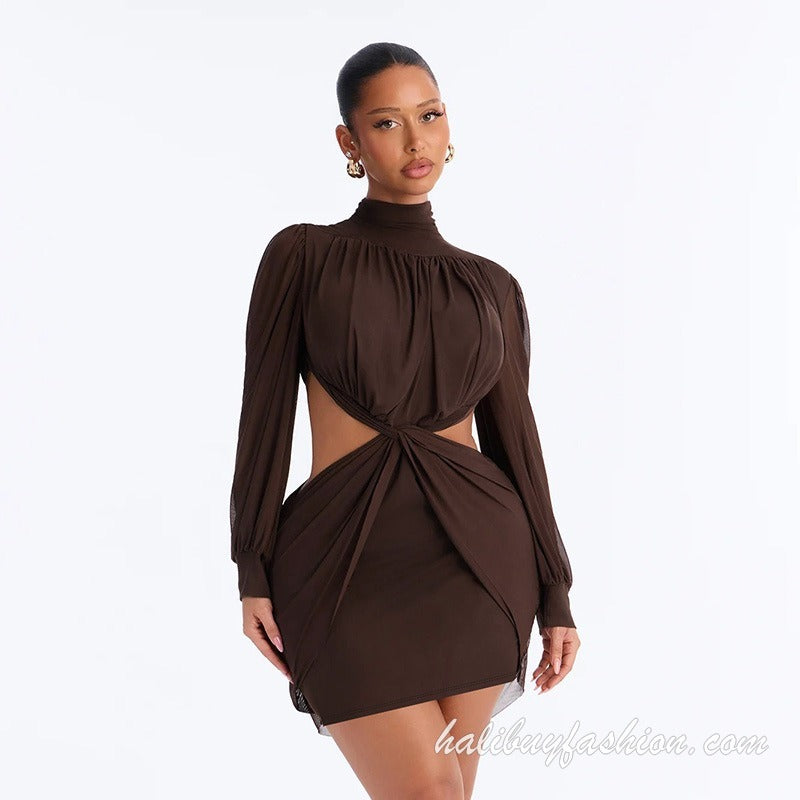 Long sleeve high neck cut out knotted solid ruched mini dress - Halibuy - 11