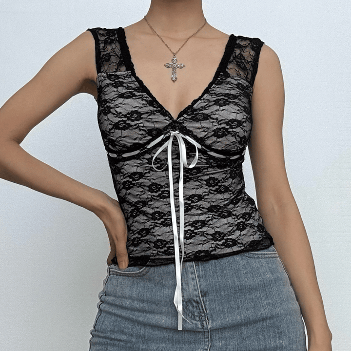 Cap sleeve v neck lace knotted backless top  | Festival Outfits Women
