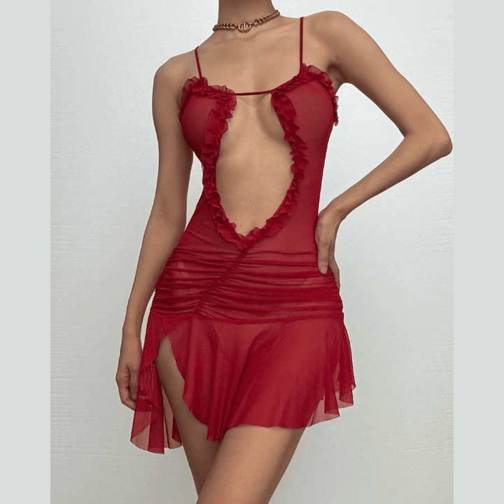 Ruched ruffle slit sheer mesh hollow out cami cut out mini dress-final-sale