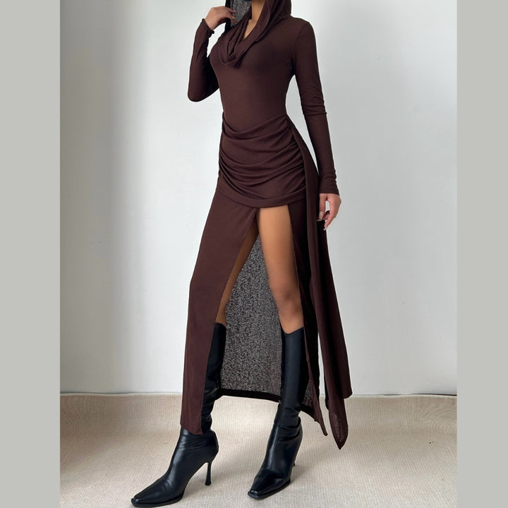 Hoodie long sleeve slit ruched maxi dress  | Festival Outfits Women