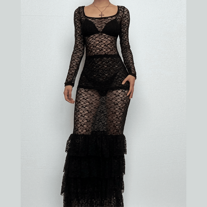 Long sleeve lace see through ruffle maxi skirt set  | Festival Outfits Women