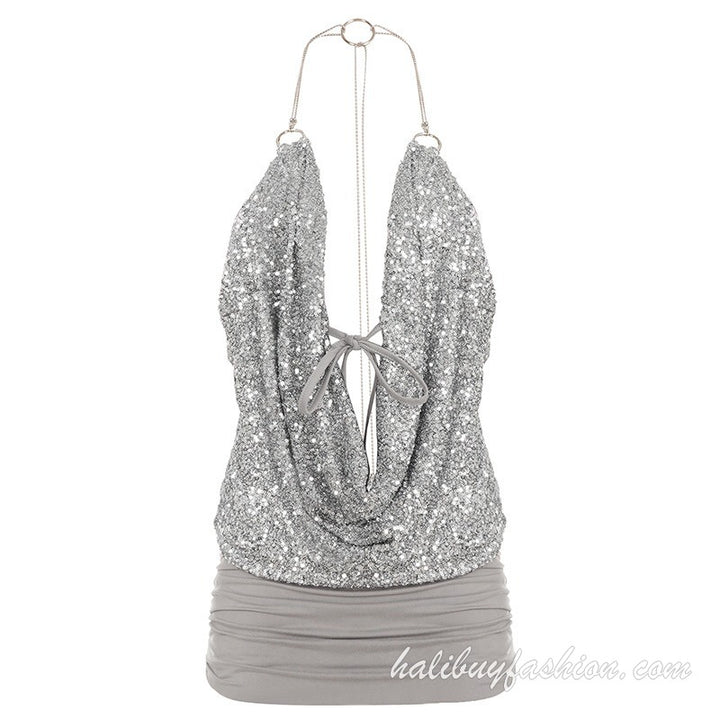 Halter glitter backless ruched drawstring metal chain mini dress - Halibuy - 11