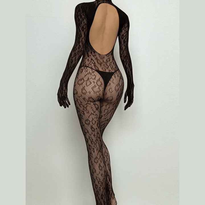 Long sleeve leopard high neck backless bodystocking  | Festival Outfits Women