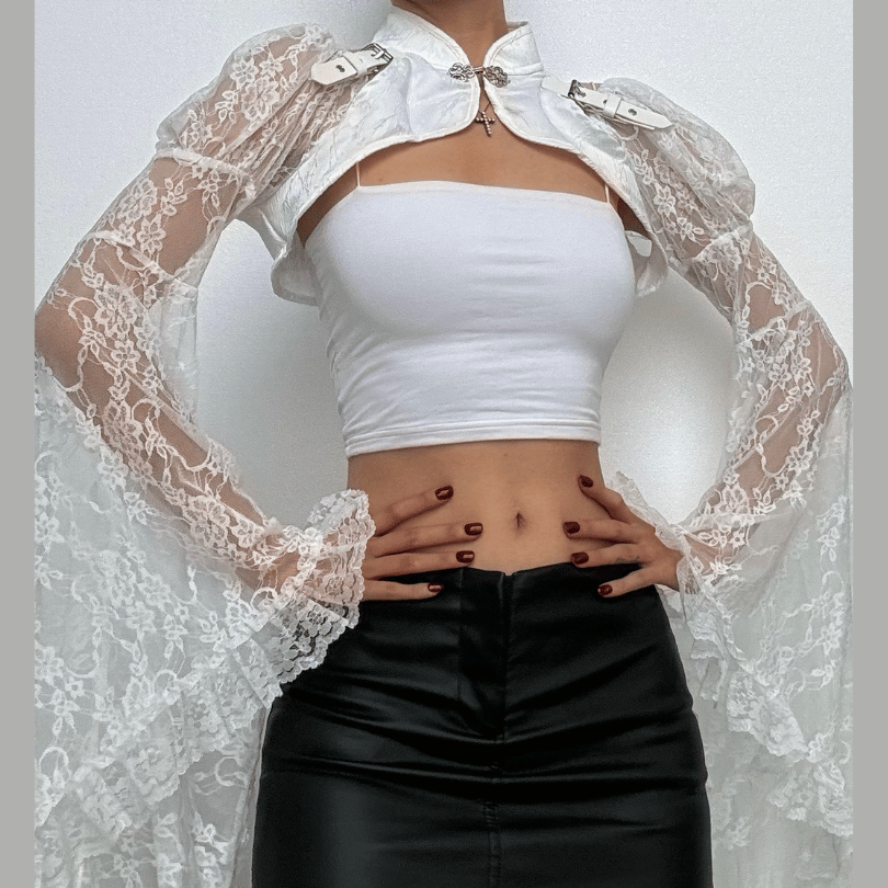 Long flared sleeve lace buckle shrug top  | Festival Outfits Women