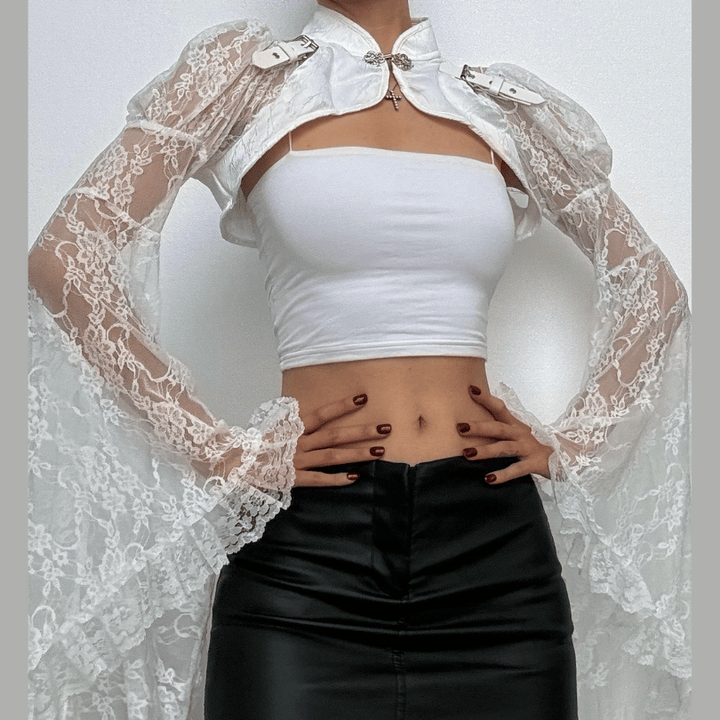Long flared sleeve lace buckle shrug top  | Festival Outfits Women