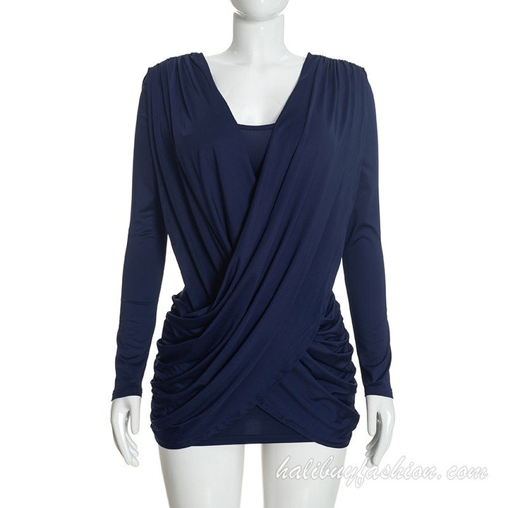 Long sleeve deep v neck cross front ruched solid mini dress - Halibuy - 11