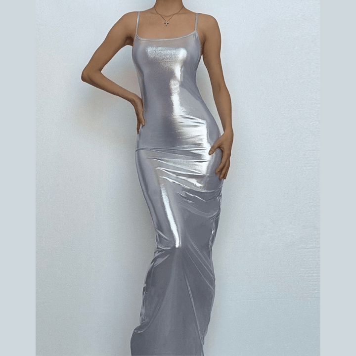 Metallic square neck backless cami maxi dress-final-sale