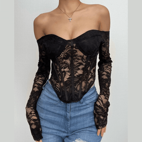 Lace solid long sleeve corset off shoulder top  | Festival Outfits Women