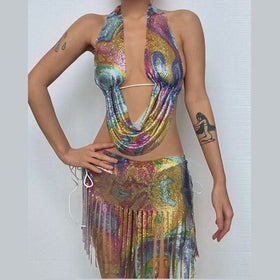 Halter self tie glitter tassels mini skirt set  | Festival Outfits Women