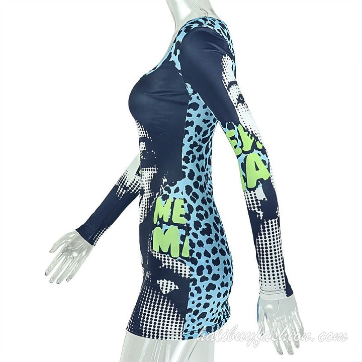 Long sleeve u neck print mesh patchwork mini dress - Halibuy - 11