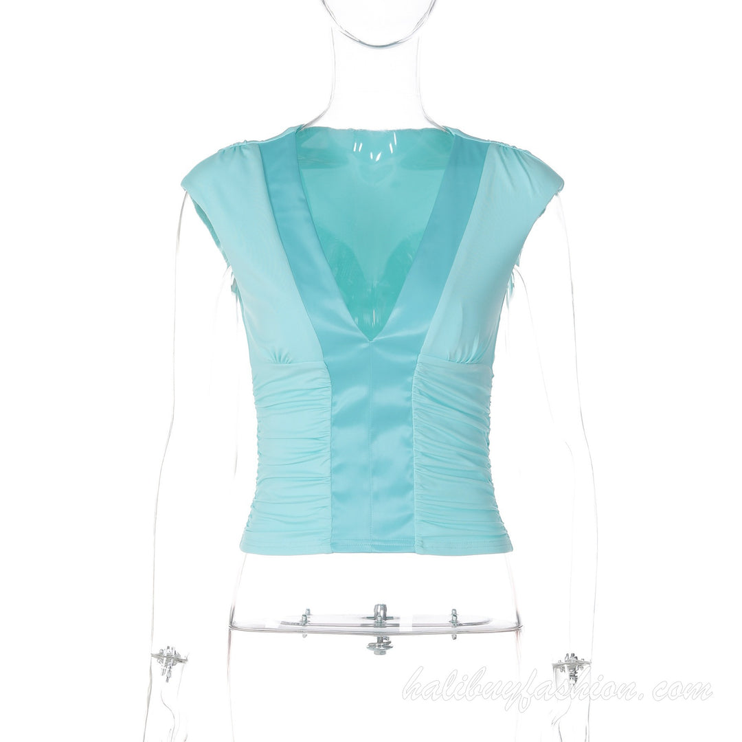 Deep v neck ruched cap sleeve solid knit top - Halibuy - 11