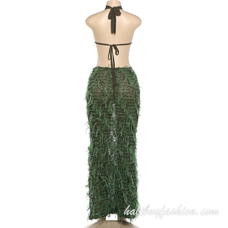 Halter sleeveless backless hollow out tassels sheer mesh maxi dress - Halibuy - 11