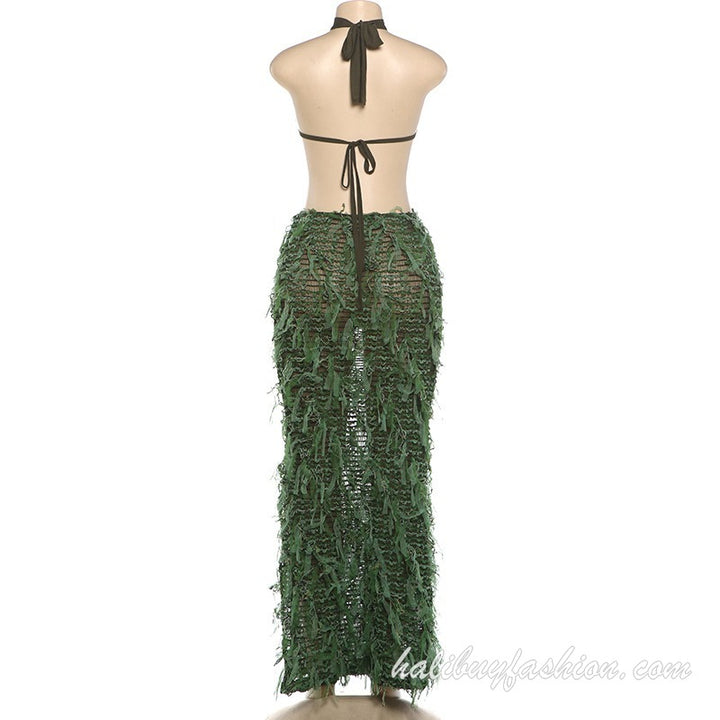 Halter sleeveless backless hollow out tassels sheer mesh maxi dress - Halibuy - 11